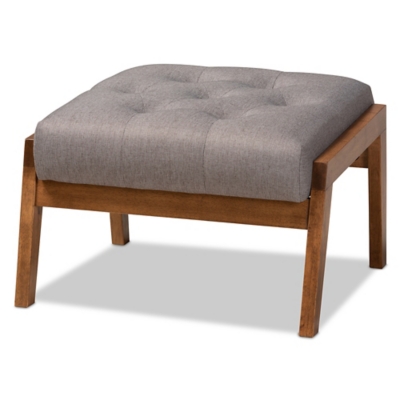 Baxton Studio Naeva Mid-Century Modern Gray Fabric Upholstered Walnut Finished Wood Footstool, , rollover