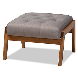 Baxton Studio Naeva Mid-Century Modern Gray Fabric Upholstered Walnut Finished Wood Footstool, , rollover