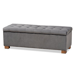 Baxton Studio Roanoke Modern and Contemporary Gray Velvet Fabric Upholstered Grid-Tufted Storage Ottoman Bench, Gray, rollover