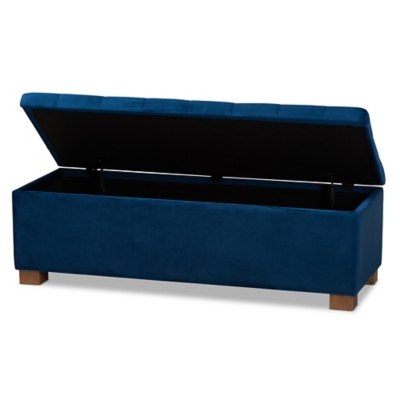 Baxton Studio Roanoke Modern and Contemporary Navy Blue Velvet Fabric Upholstered Grid-Tufted Storage Ottoman Bench, Blue, rollover