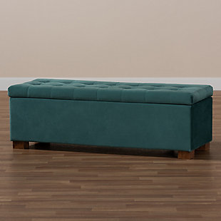 Perfect as a bed end bench for your bedroom or as an accent piece in your living space, the Roanoke storage bench combines handy seating and storage in a stylish way. Constructed with rubberwood, the bench features a cushioned seat upholstered in a soft teal velvet fabric that adds a dose of glamour to your space. The elegant grid-tufted top opens to reveal ample storage space, while walnut brown legs create a strong foundation.Contemporary style | Walnut brown legs | Made of rubberwood, engineered wood, polyester and foam | Upholstered in teal velvet polyester fabric; foam padding | Lift-top storage compartment | Imported | Requires leg assembly