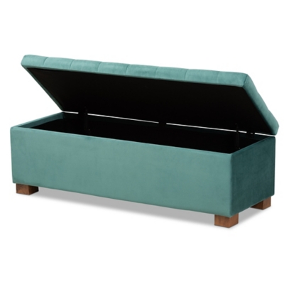 Baxton Studio Roanoke Modern and Contemporary Teal Blue Velvet Fabric Upholstered Grid-Tufted Storage Ottoman Bench, Teal, large