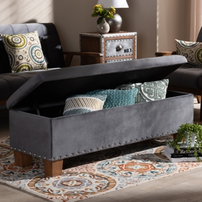 Baxton Studio Hannah Modern and Contemporary Gray Velvet Fabric Upholstered Button-Tufted Storage Ottoman Bench, Gray, rollover