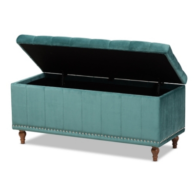 Baxton Studio Kaylee Modern and Contemporary Teal Blue Velvet Fabric Upholstered Button-Tufted Storage Ottoman Bench, Teal, large