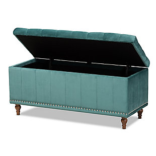Baxton Studio Kaylee Modern and Contemporary Teal Blue Velvet Fabric Upholstered Button-Tufted Storage Ottoman Bench, Teal, rollover