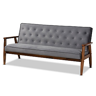 Baxton Studio Sorrento Mid-century Modern Gray Velvet Fabric Upholstered Walnut Finished Wooden 3-seater Sofa, Gray, rollover
