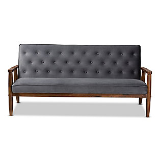 Baxton Studio Sorrento Mid-century Modern Gray Velvet Fabric Upholstered Walnut Finished Wooden 3-seater Sofa, Gray, large