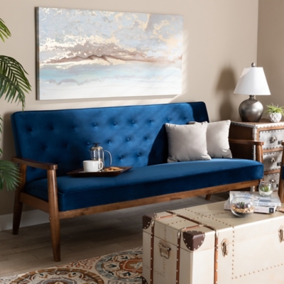 Baxton Studio Sorrento Mid-century Modern Navy Blue Velvet Fabric Upholstered Walnut Finished Wooden 3-seater Sofa, Blue, rollover