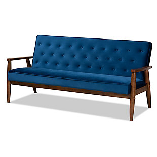 Baxton Studio Sorrento Mid-century Modern Navy Blue Velvet Fabric Upholstered Walnut Finished Wooden 3-seater Sofa, Blue, large