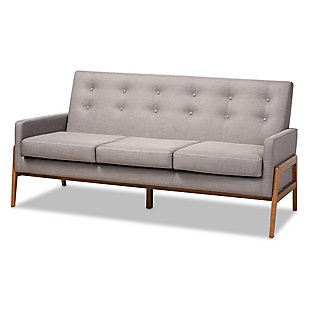 Baxton Studio Perris Mid-Century Modern Light Gray Fabric Upholstered Walnut Finished Wood Sofa, , rollover
