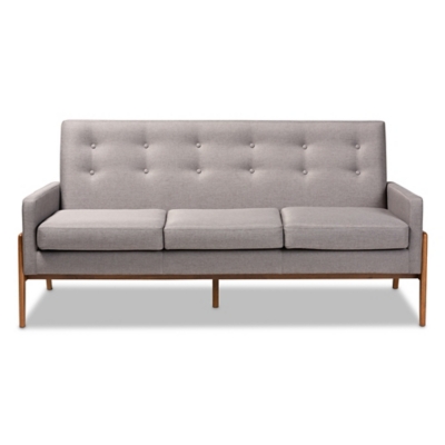 Baxton Studio Perris Mid-Century Modern Light Gray Fabric Upholstered Walnut Finished Wood Sofa, , large