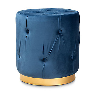 Baxton Studio Gaia Glam and Luxe Navy Blue Velvet Fabric Upholstered Gold Finished Button Tufted Ottoman, Blue, rollover
