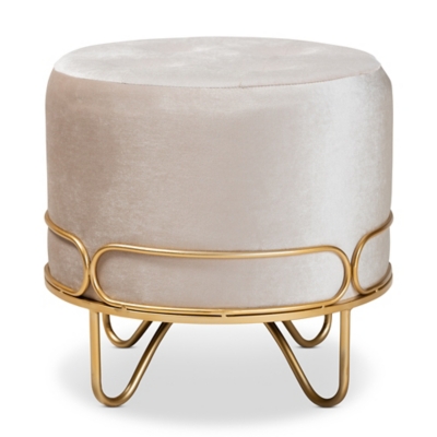 Baxton Studio Lucienne Glam and Luxe Beige Velvet Fabric Upholstered Gold Finished Metal Ottoman, , large