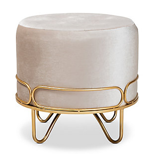 Baxton Studio Lucienne Glam and Luxe Beige Velvet Fabric Upholstered Gold Finished Metal Ottoman, , large