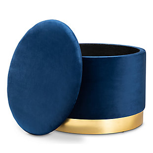 Maximize your storage capacity in the most glamorous way with the glam Marisa ottoman. Padded with foam for the utmost comfort, it features a removable lid that reveals ample storage space. Sleek blue velvet fabric upholstery feels exceptionally soft to the touch and complements the striking goldtone finish on the base. This chic piece is well suited for use as a footstool or extra seating.Contemporary style | Goldtone base | Made of engineered wood, metal, polyester and foam | Upholstered in blue velvet polyester fabric; foam padding | Imported | Arrives fully assembled