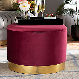 Maximize your storage capacity in the most glamorous way with the glam Marisa ottoman. Padded with foam for the utmost comfort, it features a removable lid that reveals ample storage space. Sleek red velvet fabric upholstery feels exceptionally soft to the touch and complements the striking goldtone finish on the base. This chic piece is well suited for use as a footstool or extra seating.Contemporary style | Goldtone base | Made of engineered wood, metal, polyester and foam | Upholstered in a red velvet polyester fabric; foam padding | Imported | Arrives fully assembled