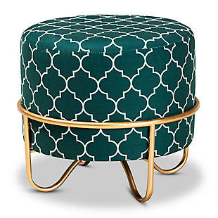 Baxton Studio Candice Glam and Luxe Teal Green Quatrefoil Velvet Fabric Upholstered Gold Finished Metal Ottoman, Green, rollover
