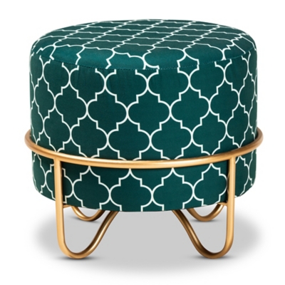 Baxton Studio Candice Glam and Luxe Teal Green Quatrefoil Velvet Fabric Upholstered Gold Finished Metal Ottoman, Green, large