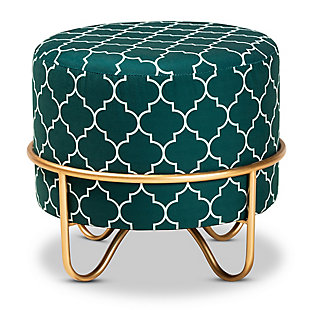 Baxton Studio Candice Glam and Luxe Teal Green Quatrefoil Velvet Fabric Upholstered Gold Finished Metal Ottoman, Green, large