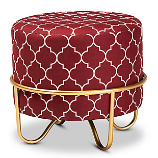 Baxton Studio Candice Glam and Luxe Red Quatrefoil Velvet Fabric Upholstered Gold Finished Metal Ottoman, Red, rollover
