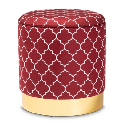 Baxton Studio Serra Glam and Luxe Red Quatrefoil Velvet Fabric Upholstered Gold Finished Metal Storage Ottoman, Red/Burgundy, rollover