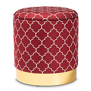 Baxton Studio Serra Glam and Luxe Red Quatrefoil Velvet Fabric Upholstered Gold Finished Metal Storage Ottoman, Red/Burgundy, rollover
