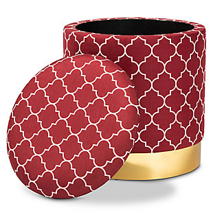 Baxton Studio Serra Glam and Luxe Red Quatrefoil Velvet Fabric Upholstered Gold Finished Metal Storage Ottoman, Red/Burgundy, large