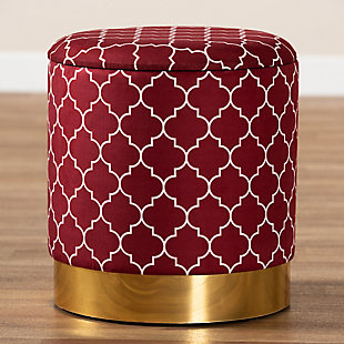 Maximize your storage capacity in the most glamorous way with the mid-century modern Serra ottoman. Padded with foam for the utmost comfort, it features a removable lid that reveals ample storage space. The sleek velvet upholstery displays a quatrefoil pattern for a bold, eye-catching look that complements the striking goldtone base. This chic piece is well suited for use as a footstool or extra seating.Contemporary style | Made of wood, engineered wood, metal, polyester and foam | Upholstered in red velvet fabric; foam padding | Imported | Arrives fully assembled