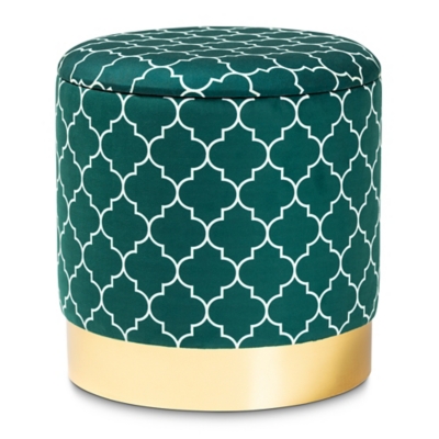 Baxton Studio Serra Glam and Luxe Teal Green Quatrefoil Velvet Fabric Upholstered Gold Finished Metal Storage Ottoman, Green, large