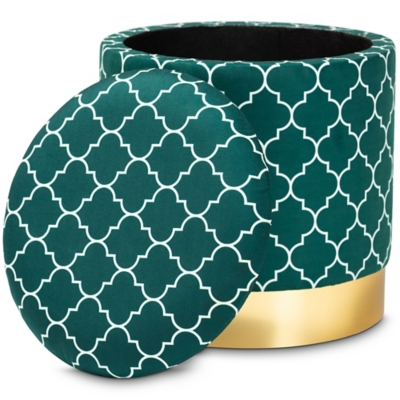 Baxton Studio Serra Glam and Luxe Teal Green Quatrefoil Velvet Fabric Upholstered Gold Finished Metal Storage Ottoman, Green, large