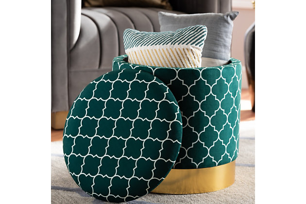 Maximize your storage capacity in the most glamorous way with the mid-century modern Serra ottoman. Padded with foam for the utmost comfort, it features a removable lid that reveals ample storage space. The sleek velvet upholstery displays a quatrefoil pattern for a bold, eye-catching look that complements the striking goldtone base. This chic piece is well suited for use as a footstool or extra seating.Contemporary style | Made of wood, engineered wood, metal, polyester and foam | Upholstered in green velvet fabric; foam padding | Imported | Arrives fully assembled