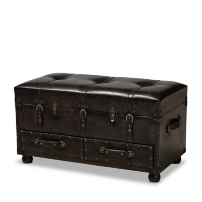 Baxton Studio Callum Modern Transitional Distressed Dark Brown Faux Leather Upholstered 2-Drawer Storage Trunk Ottoman, , rollover