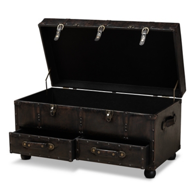 Baxton Studio Callum Modern Transitional Distressed Dark Brown Faux Leather Upholstered 2-Drawer Storage Trunk Ottoman, , large