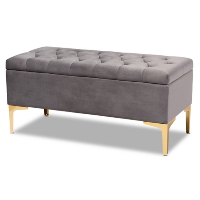 Baxton Studio Valere Glam and Luxe Gray Velvet Fabric Upholstered Gold Finished Button Tufted Storage Ottoman, Gray, large