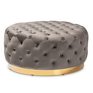 Baxton Studio Sasha Glam and Luxe Gray Velvet Fabric Upholstered Gold Finished Round Cocktail Ottoman, Gray, rollover