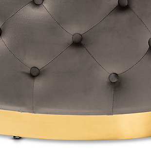 Glamour and versatility define the Sasha ottoman. Padded with foam for the utmost comfort, it's upholstered in a sleek gray velvet fabric that feels incredibly soft to the touch. Elaborate button tufting accentuates the sheen in the velvet, while a goldtone finish on the base adds a hint of luxury. Use this versatile piece as a coffee table, footstool, or extra seating.Contemporary style | Made of wood, metal, polyester and foam | Goldtone base | Upholstered in gray velvet fabric; foam padding | Button tufted | Imported | Arrives fully assembled