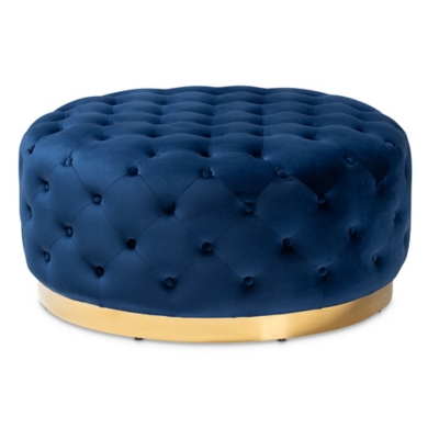 Baxton Studio Sasha Glam and Luxe Royal Blue Velvet Fabric Upholstered Gold Finished Round Cocktail Ottoman, Blue, large