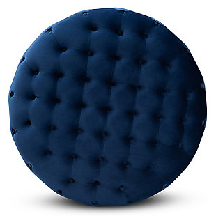 Glamour and versatility define the Sasha ottoman. Padded with foam for the utmost comfort, it's upholstered in a sleek blue velvet fabric that feels incredibly soft to the touch. Elaborate button tufting accentuates the sheen in the velvet, while a goldtone finish on the base adds a hint of luxury. Use this versatile piece as a coffee table, footstool, or extra seating.Contemporary style | Made of wood, metal, polyester and foam | Goldtone base | Upholstered in blue velvet fabric; foam padding | Button tufted | Imported | Arrives fully assembled