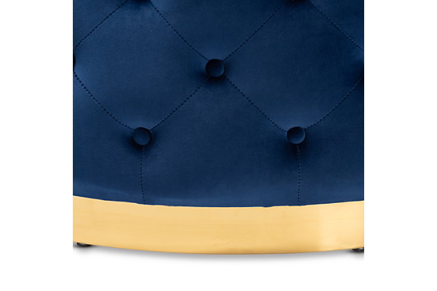 Glamour and versatility define the Sasha ottoman. Padded with foam for the utmost comfort, it's upholstered in a sleek blue velvet fabric that feels incredibly soft to the touch. Elaborate button tufting accentuates the sheen in the velvet, while a goldtone finish on the base adds a hint of luxury. Use this versatile piece as a coffee table, footstool, or extra seating.Contemporary style | Made of wood, metal, polyester and foam | Goldtone base | Upholstered in blue velvet fabric; foam padding | Button tufted | Imported | Arrives fully assembled