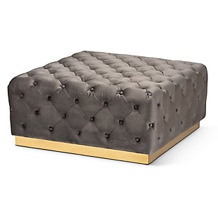 Baxton Studio Verene Glam and Luxe Gray Velvet Fabric Upholstered Gold Finished Square Cocktail Ottoman, Gray, rollover