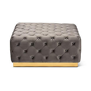 Baxton Studio Verene Glam and Luxe Gray Velvet Fabric Upholstered Gold Finished Square Cocktail Ottoman, Gray, large