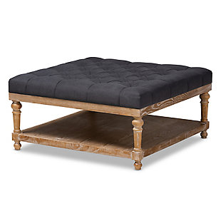 Add a touch of sophisticated grace to your home with the modern-style Kelly cocktail ottoman. The ottoman is fitted with a wood storage shelf to hold books, movies and more. Padded with foam for the utmost comfort, it's upholstered in linen fabric and enhanced with elegant button tufting. Excellent craftsmanship adds a weathered feel to the ottoman, giving it a hint of rustic charm.Contemporary style | Charcoal-colored linen upholstery; foam padding | Lower storage shelf made of wood and engineered wood; gray wash finish | Imported | Assembly required