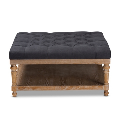 Baxton Studio Kelly Modern and Rustic Charcoal Linen Fabric Upholstered and Graywashed Wood Cocktail Ottoman, Black/Gray, large