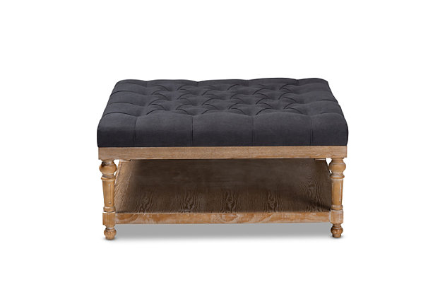 Add a touch of sophisticated grace to your home with the modern-style Kelly cocktail ottoman. The ottoman is fitted with a wood storage shelf to hold books, movies and more. Padded with foam for the utmost comfort, it's upholstered in linen fabric and enhanced with elegant button tufting. Excellent craftsmanship adds a weathered feel to the ottoman, giving it a hint of rustic charm.Contemporary style | Charcoal-colored linen upholstery; foam padding | Lower storage shelf made of wood and engineered wood; gray wash finish | Imported | Assembly required