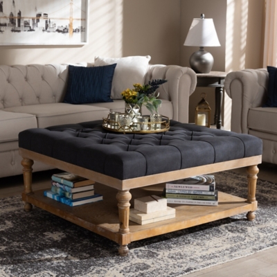 Baxton Studio Kelly Modern and Rustic Charcoal Linen Fabric Upholstered and Graywashed Wood Cocktail Ottoman, Black/Gray, rollover
