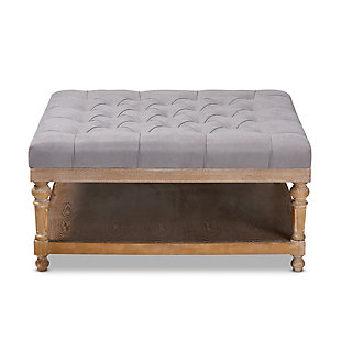 Add a touch of sophisticated grace to your home with the modern-style Kelly cocktail ottoman. The ottoman is fitted with a wood storage shelf to hold books, movies and more. Padded with foam for the utmost comfort, it's upholstered in linen fabric and enhanced with elegant button tufting. Excellent craftsmanship adds a weathered feel to the ottoman, giving it a hint of rustic charm.Contemporary style | Gray linen upholstery; foam padding | Lower storage shelf made of wood and engineered wood; gray wash finish | Assembly required