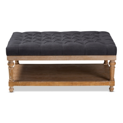 Baxton Studio Lindsey Modern and Rustic Charcoal Linen Fabric Upholstered and Graywashed Wood Cocktail Ottoman, Black/Gray, large