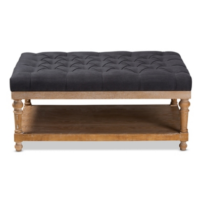 Baxton Studio Lindsey Modern and Rustic Charcoal Linen Fabric Upholstered and Graywashed Wood Cocktail Ottoman, Black/Gray, rollover