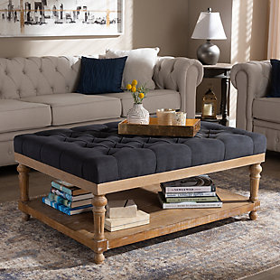 Add a touch of sophisticated grace to your home with the Lindsey ottoman. This modern ottoman is fitted with a wood storage shelf to hold books, movies and more. Padded with foam for the utmost comfort, this ottoman is upholstered in linen fabric and enhanced with elegant button tufting. Excellent craftsmanship adds a weathered feel to the piece, giving it a hint of rustic charm. A perfect accent in rooms with open space, this ottoman can spruce up any modern living room with its stylish utility.Contemporary style | Charcoal-colored linen upholstery; foam padding | Lower storage shelf made of wood and engineered wood; gray wash finish | Imported | Assembly required