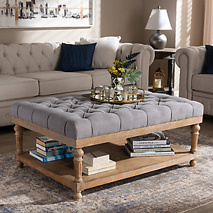 Add a touch of sophisticated grace to your home with the Lindsey ottoman. This modern ottoman is fitted with a wood storage shelf to hold books, movies and more. Padded with foam for the utmost comfort, this ottoman is upholstered in linen fabric and enhanced with elegant button tufting. Excellent craftsmanship adds a weathered feel to the piece, giving it a hint of rustic charm. A perfect accent in rooms with open space, this ottoman can spruce up any modern living room with its stylish utility.Contemporary style | Gray linen upholstery; foam padding | Lower storage shelf made of wood and engineered wood; gray wash finish | Imported | Assembly required